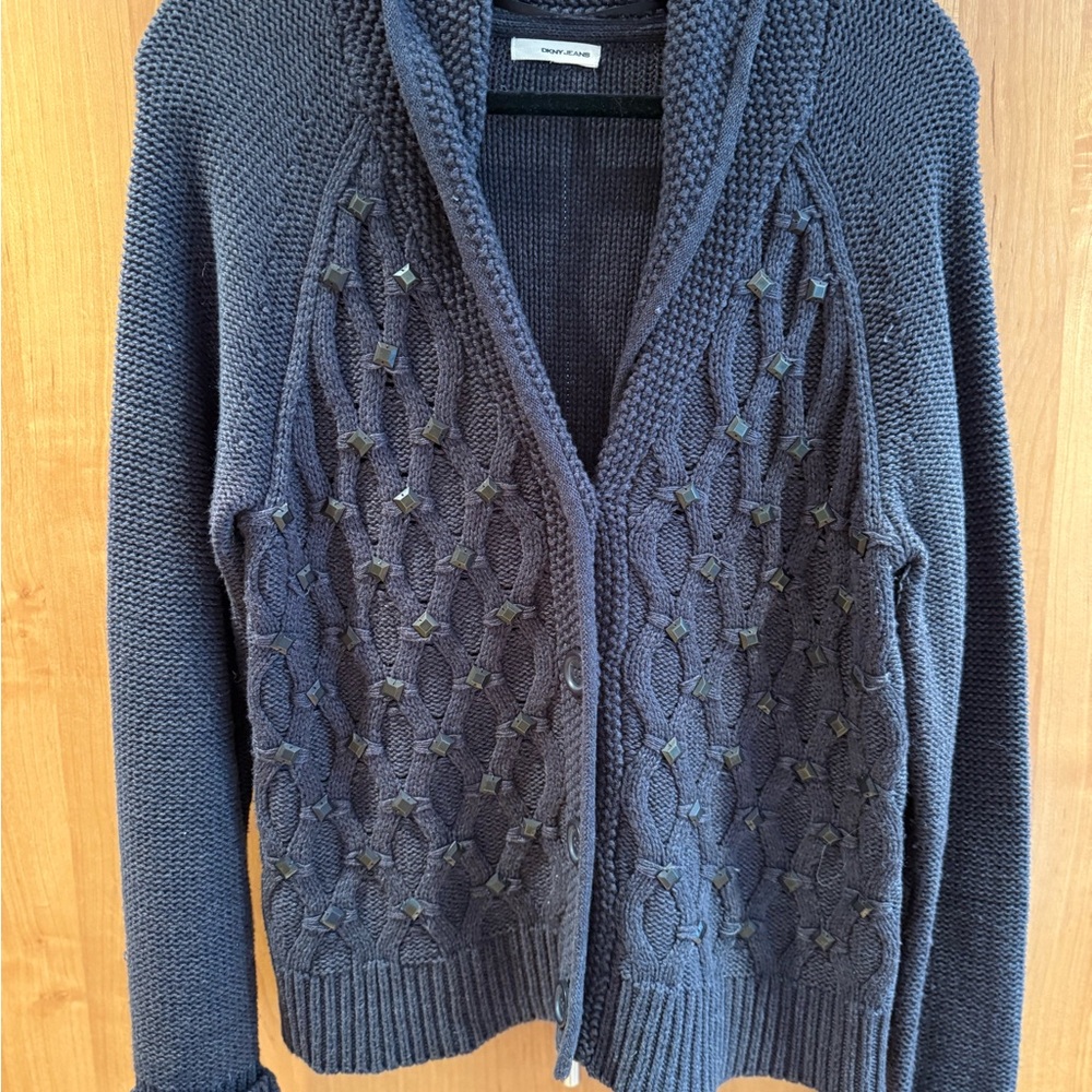 DKNY Jeans Studded Knit Cardigan Sweater Gray Size M